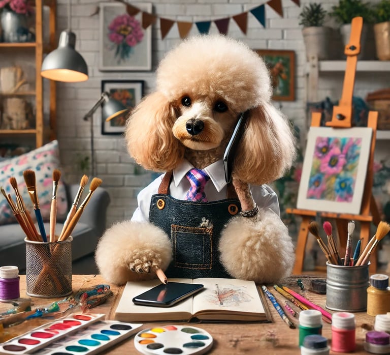 a red poodle cartoon sitting at desk making a call on the cell phone