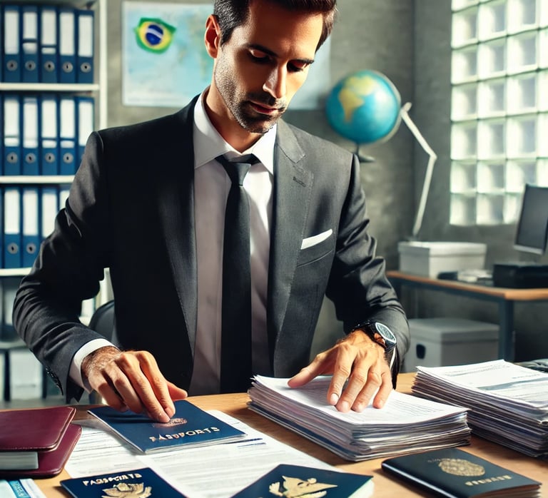 Profissional organizando documentos necessários para aplicação do visto americano, incluindo passapo