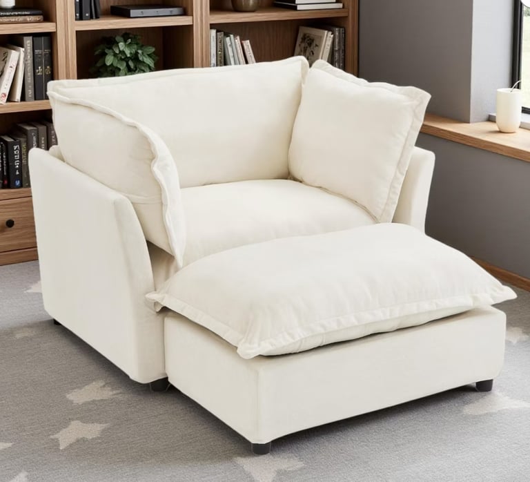Comfortable white fabric armchair with matching ottoman in a modern living room setting.