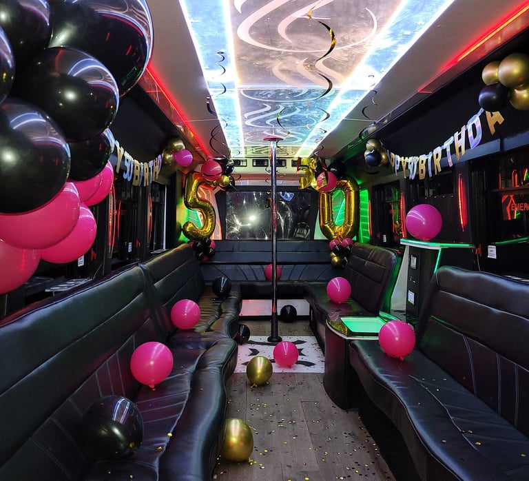 A party bus of 30 passenger capacity have leather seats balloon and luxury interior in all over the 