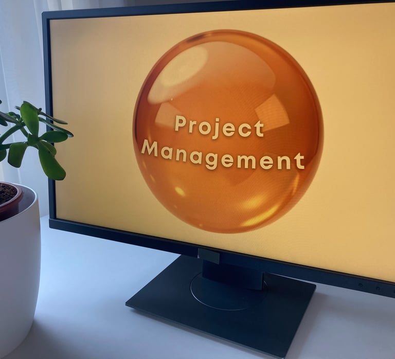 Project management logo on PC monitor plant and curtain