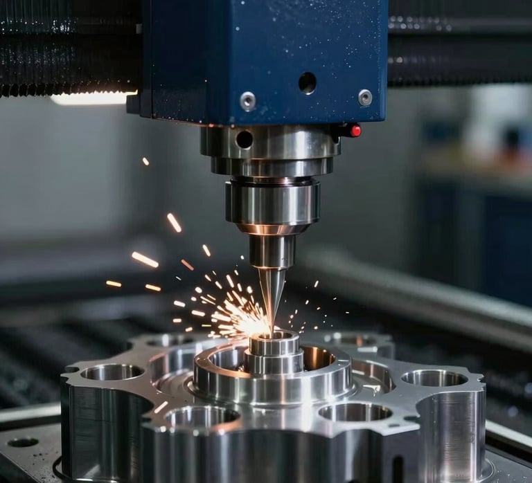 A close-up shot of a high-tech CNC machine meticulously carving a precision metallic spare part, sparks flying slightly, illuminated by bright factory lights, conveying modern engineering excellence in dark navy and deep blue tones.