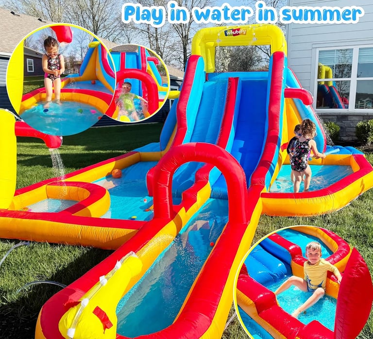 Inflatable water slide with splash pool and backyard sprinkler for kids summer outdoor play.