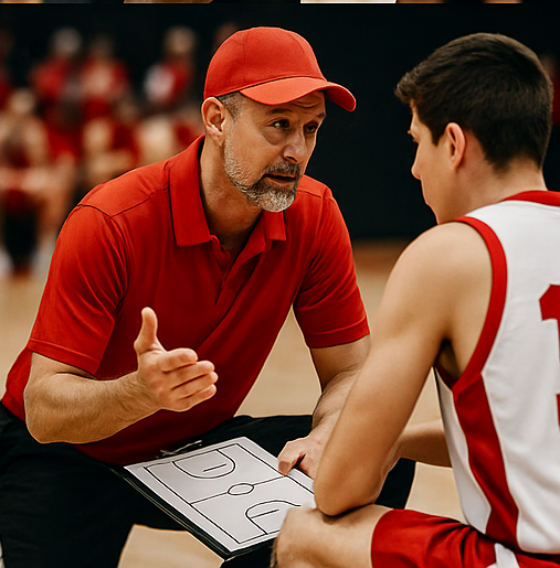 A coach and athlete going over game plan during the game!