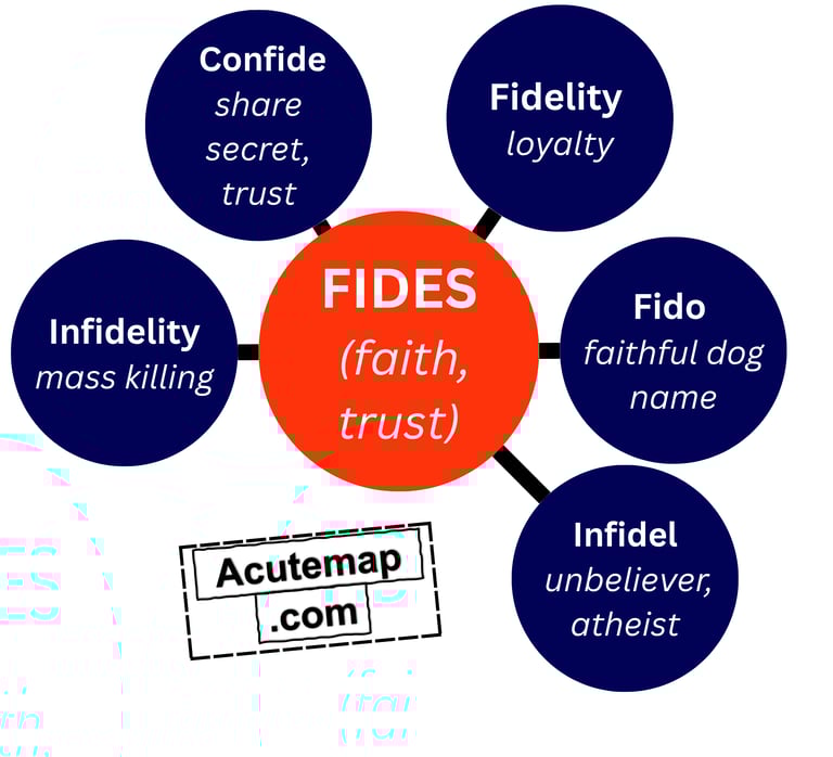 FIDES root word examples with Hindi-English meanings and trust-related vocabulary