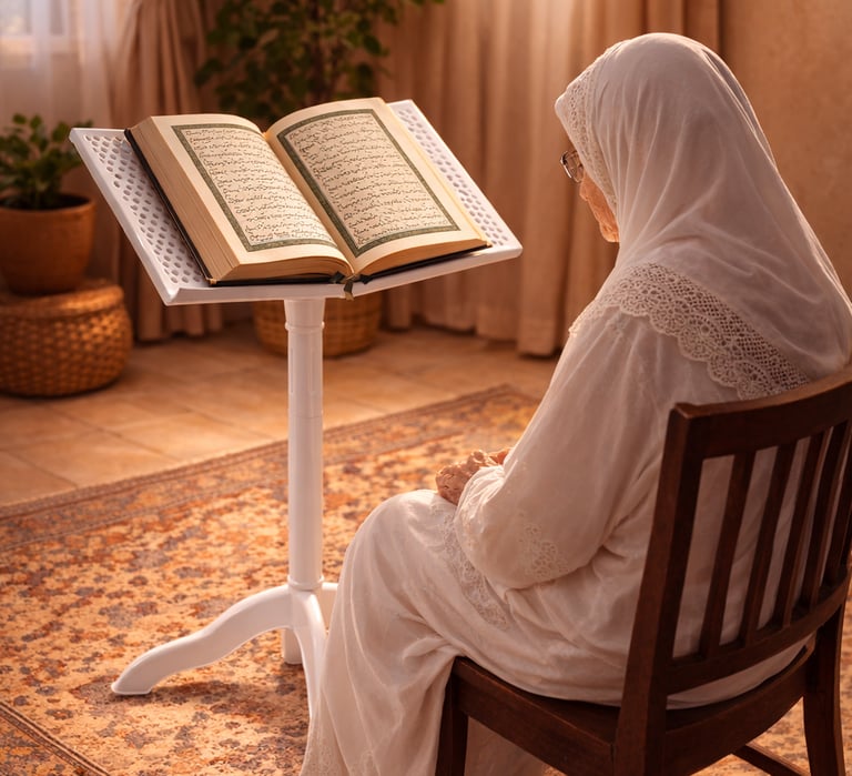 woman using a foldable stand to hold a book at eye level