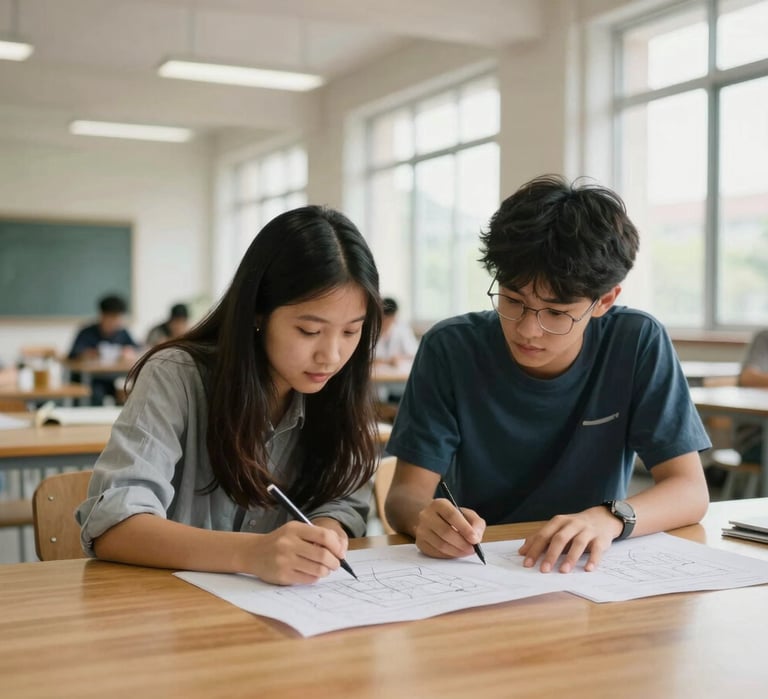Candid environmental portrait of two students in a sunlit architectural studio, reviewing structural drawings on a large wooden table, natural diffused daylight, 35mm lens.