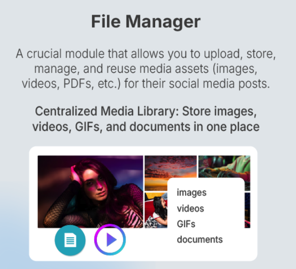 File manager dashboard showing a centralized media library for organizing social media images and videos.