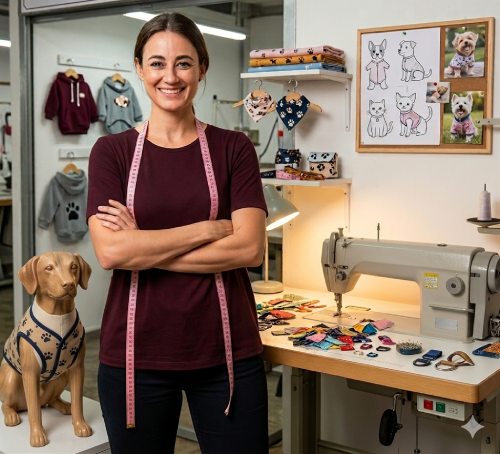 Costurera en su taller de confeccion de prendas para  mascotas