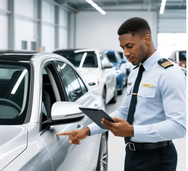 Chauffeur effectuant un état des lieux numérique sur tablette avant le convoyage d'un véhicule 