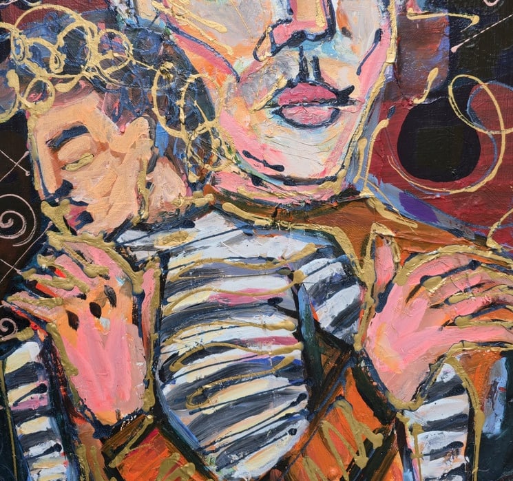 Expressive figurative Leinwand: zwei Gestalten in Umarmung, leuchtende Farben, weiße Linien – Romeo