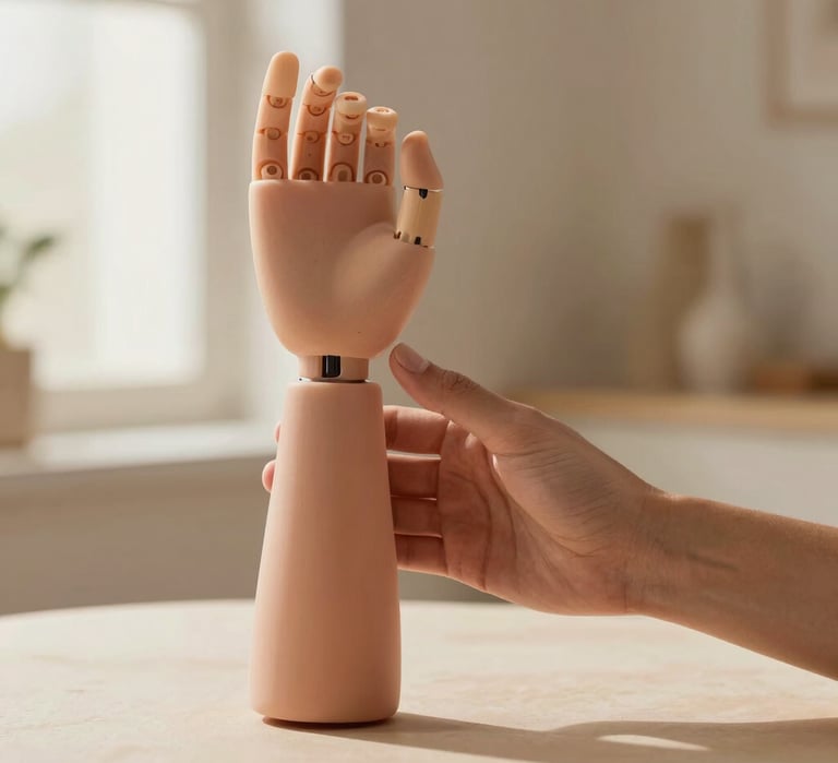 A skilled technician carefully shaping a custom prosthetic in a bright, modern workspace.