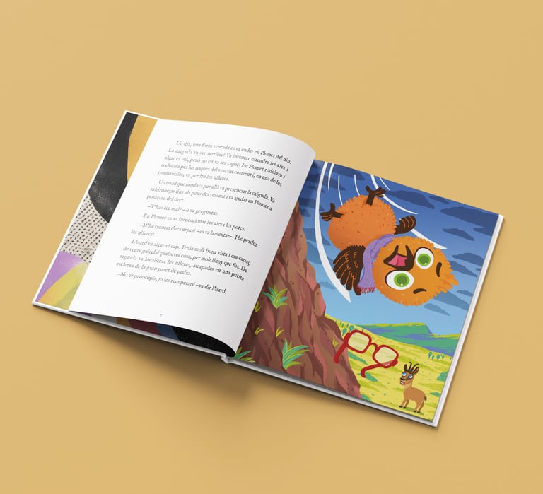 Open children's storybook featuring a colorful illustration of a chick character rolling down a hill