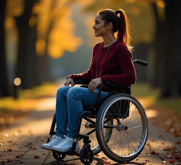 Mujer joven en silla de ruedas en el parque, beneficios en vida del seguro de vida Infoseguros LLC