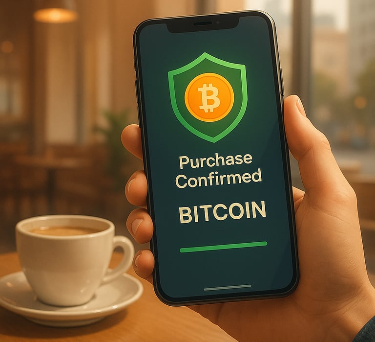 coffee, phone, purchase confirmation, bitcoin