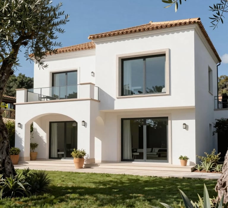 A luxury villa exterior in Southern Europe, featuring white walls, large modern windows, and a manicured garden with olive trees under a bright blue sky. Professional photography, architectural focus.