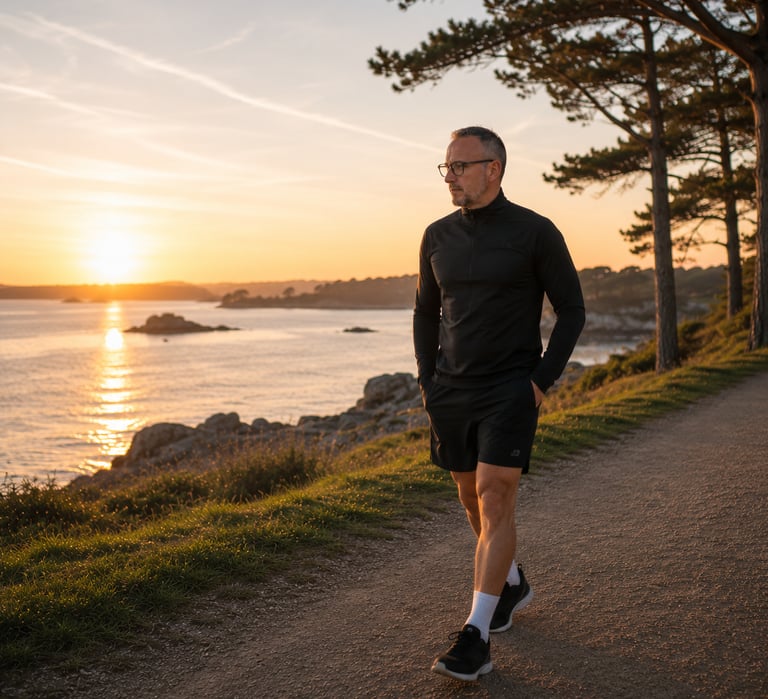Alexandre Rouzotte marchant au bord du Golfe du Morbihan au coucher du soleil.