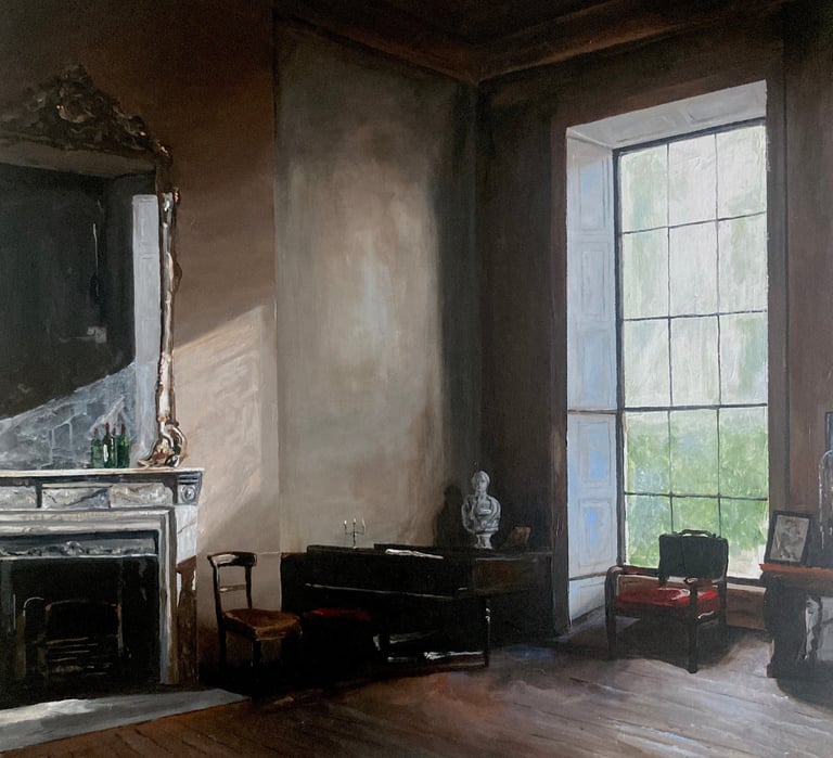 a painting of a living room with a piano and fireplace