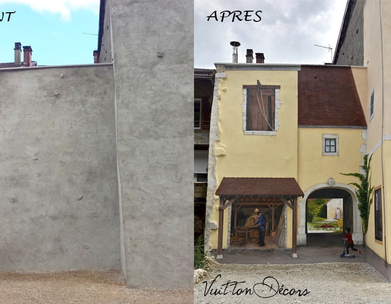 Photos avant et après la réalisation d'un grand trompe-l'oeil sur des façades, à Moirans-en-Montagne