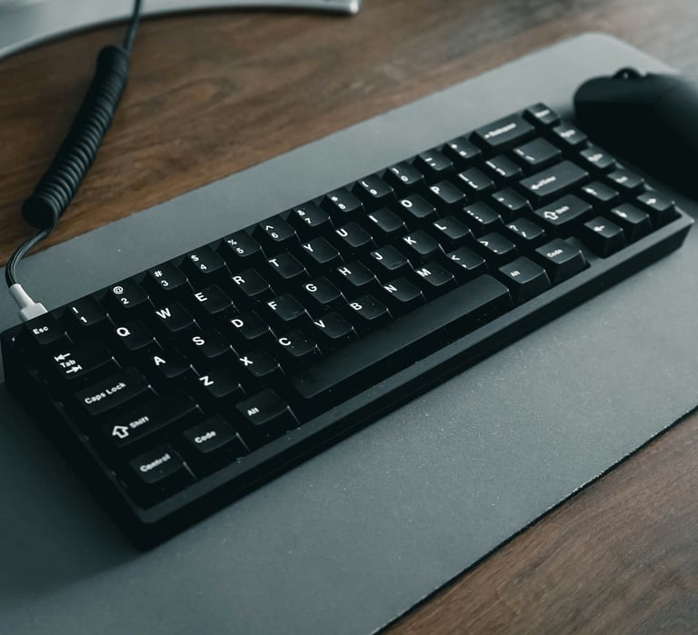 a keyboard and mouse mouse pad on a desk