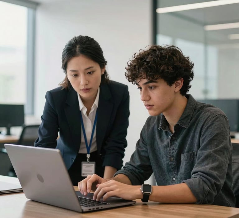 A professional photography shot of an educational consultant and an international student looking at a laptop together in a bright, modern office with charcoal and silver accents. The atmosphere is supportive and empowering.