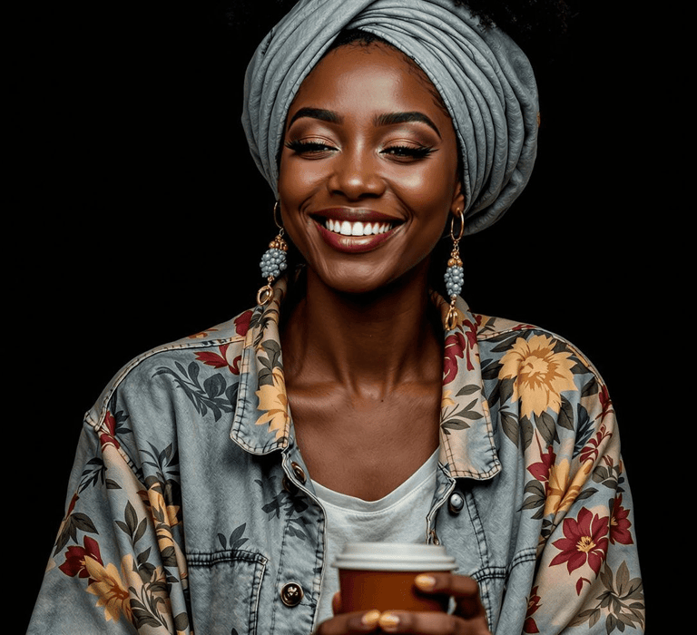 image of African American women in headwrap, cardigan with flowers design holding a coffee cup