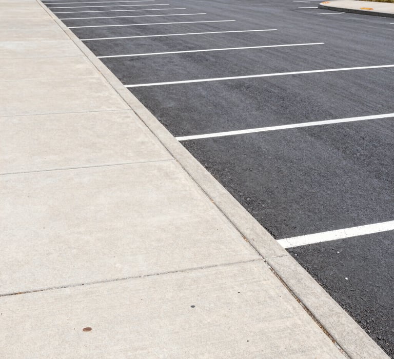 Freshly paved commercial driveway bordered by neatly trimmed landscaping.