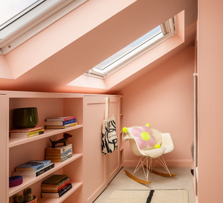 Eves strorage, hanging wardrobe to the right and other storage to left