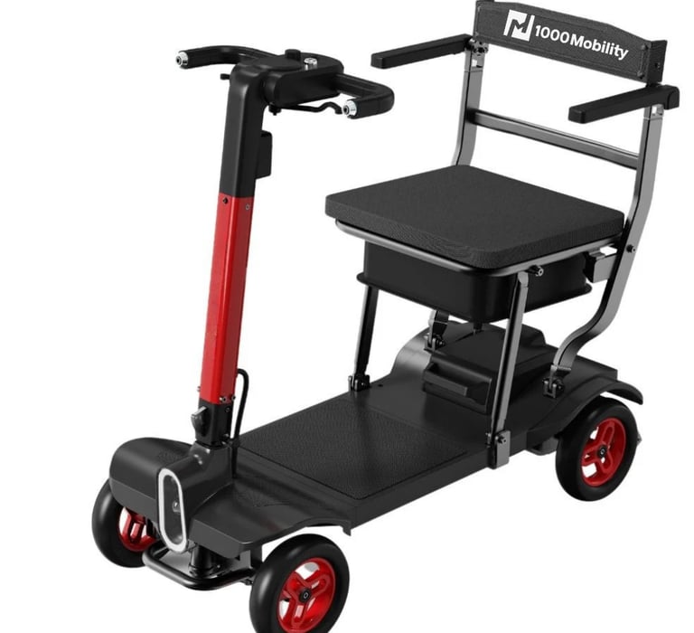 Zippy lightweight folding electric scooter with red wheels and wide platform for daily urban travel