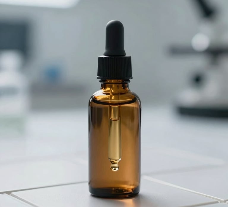 Macro shot of a minimalist amber glass dropper bottle filled with clear active serum, resting on a clean white laboratory tile under precise clinical lighting