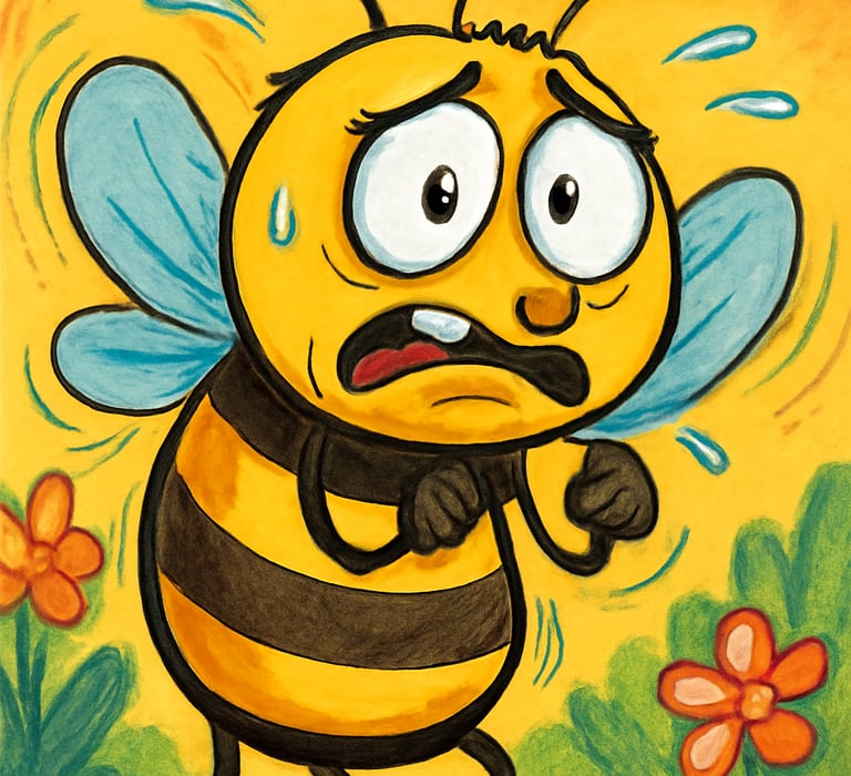 An anxious animated bee sweating and looking scared. 