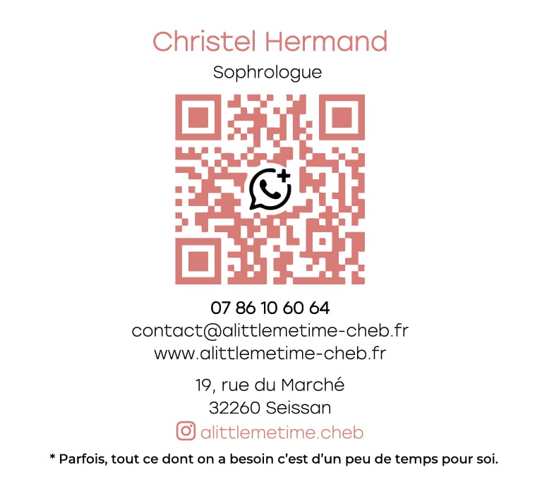 Verso de la carte de visite de A Little Me Time, Cabinet de Sophrologie à Seissan, Gers