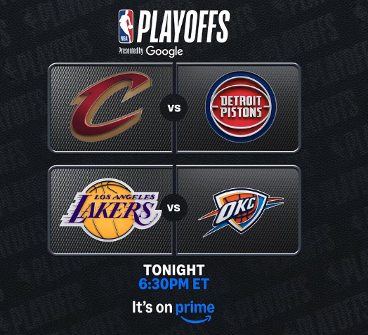 Amazon Prime doubleheader including the Cavaliers at Pistons, followed by the Lakers at Thunder (May 7, 2026)