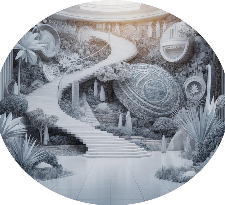 A path to innovation: winding stairs in a high-tech garden.