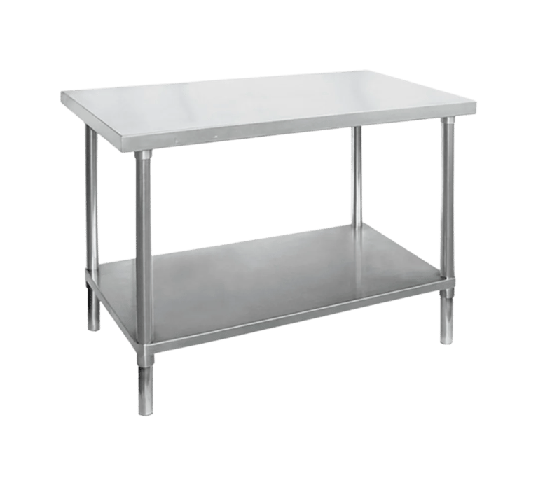 Heavy duty stainless steel work table with a solid under shelf and adjustable legs.