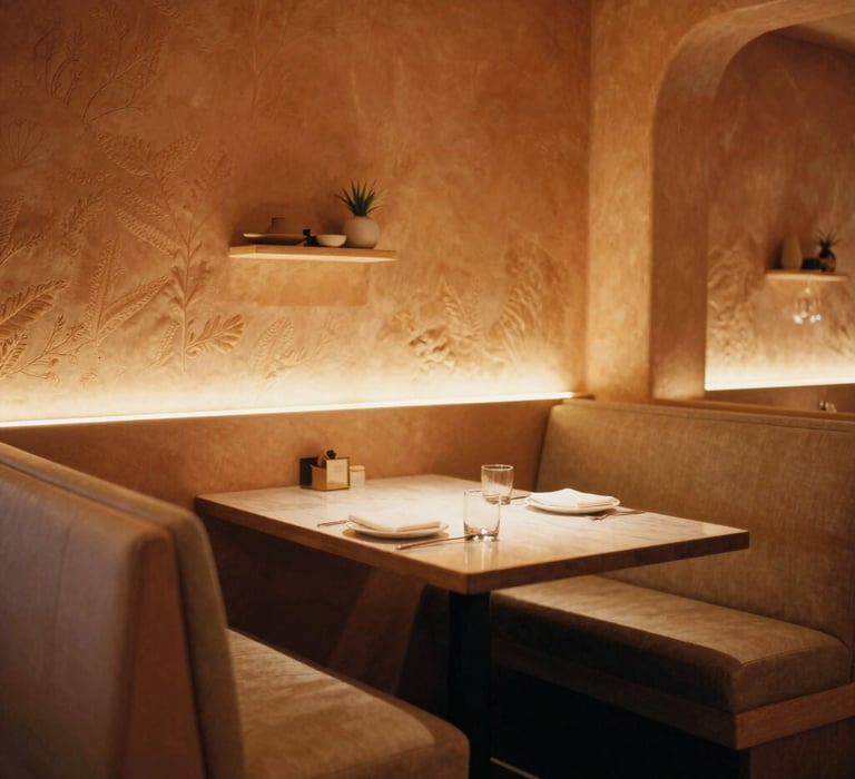 A cozy dining booth at Desert Moon restaurant, soft golden indoor lighting, terracotta plaster walls, minimalist desert decor, warm editorial restaurant photography, 35mm