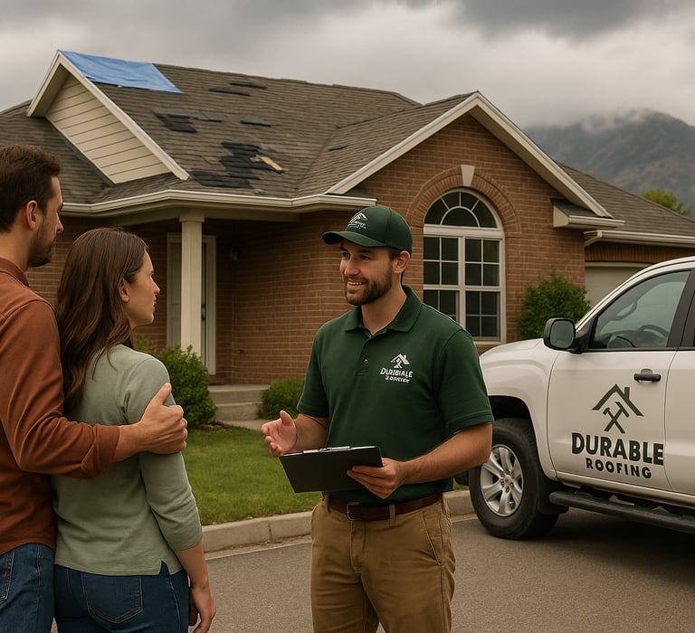 Durable Roofing team inspecting roof for insurance claim in Utah.  Homeowner reviewing roof damage