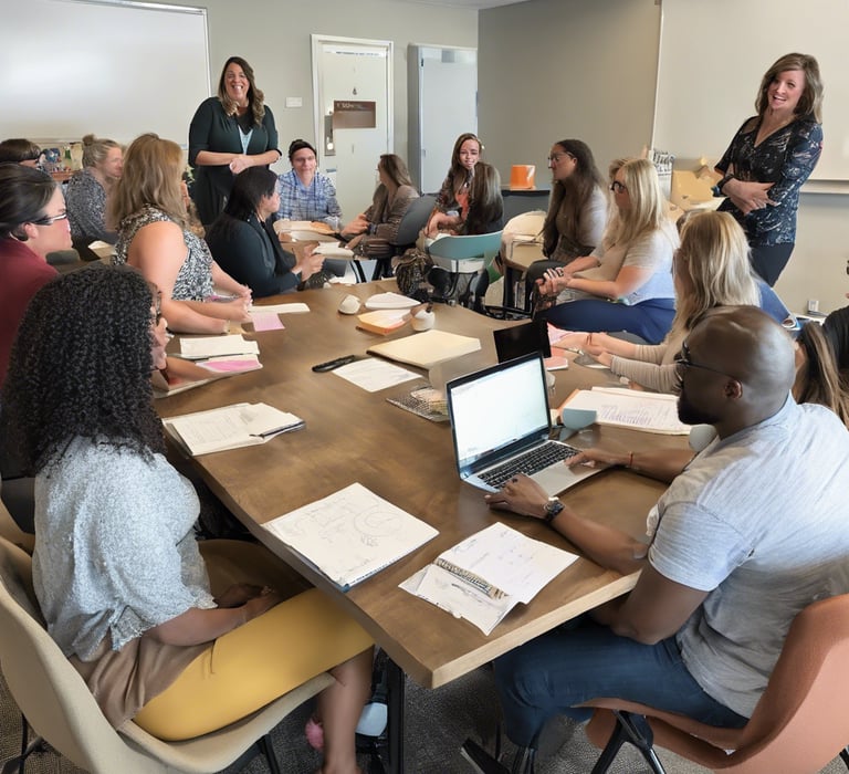 a group of people sitting around a table with laptops