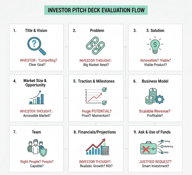 Slide-by-slide pitch deck structure showing how investors evaluate each section of a startup present