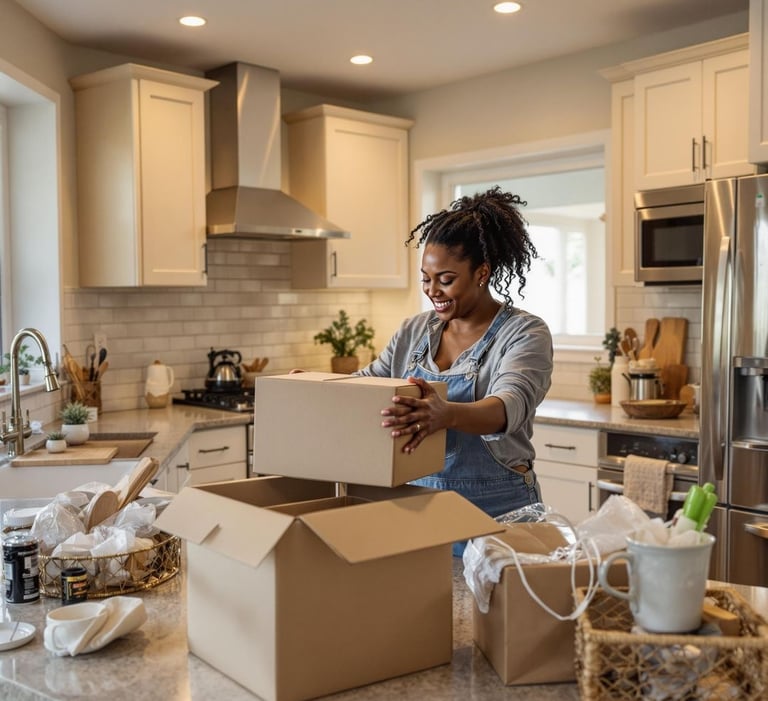 single mom unpacking boxes