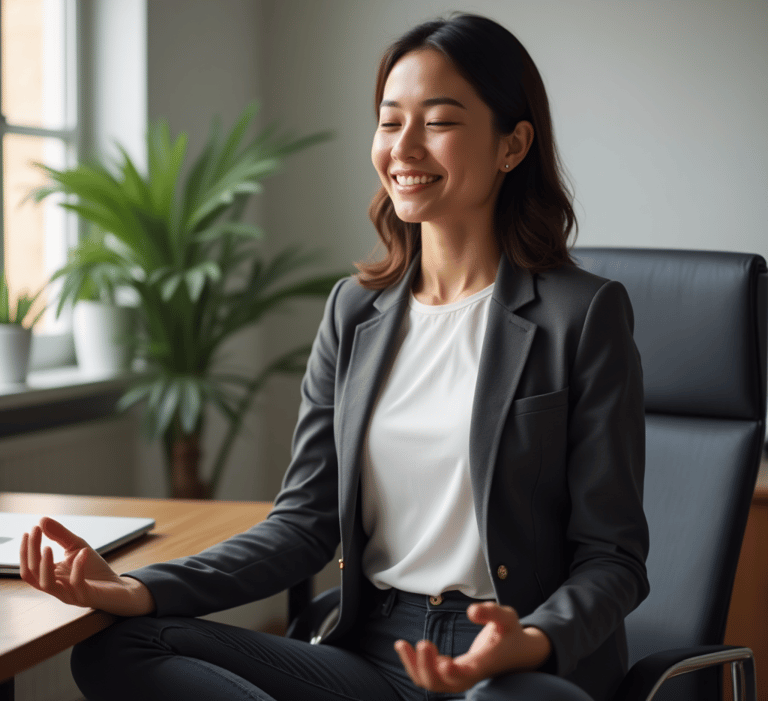 Corporate Wellness - woman meditates in office with laptop next to her in office chair