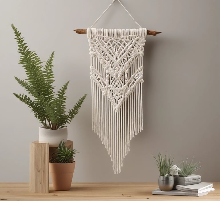 Tapiz de pared de macramé sobre una rama de madera, colocado en la pared de color neutro.