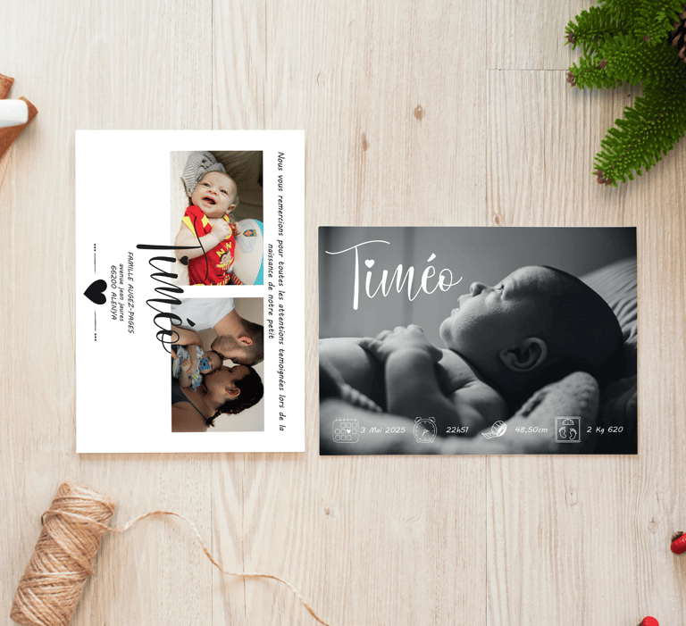 a baby announcement card with a photo of a baby
