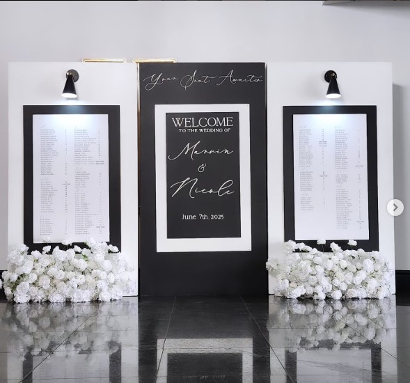 Modern black wedding seating chart display with custom welcome sign, printed guest lists, floral bas