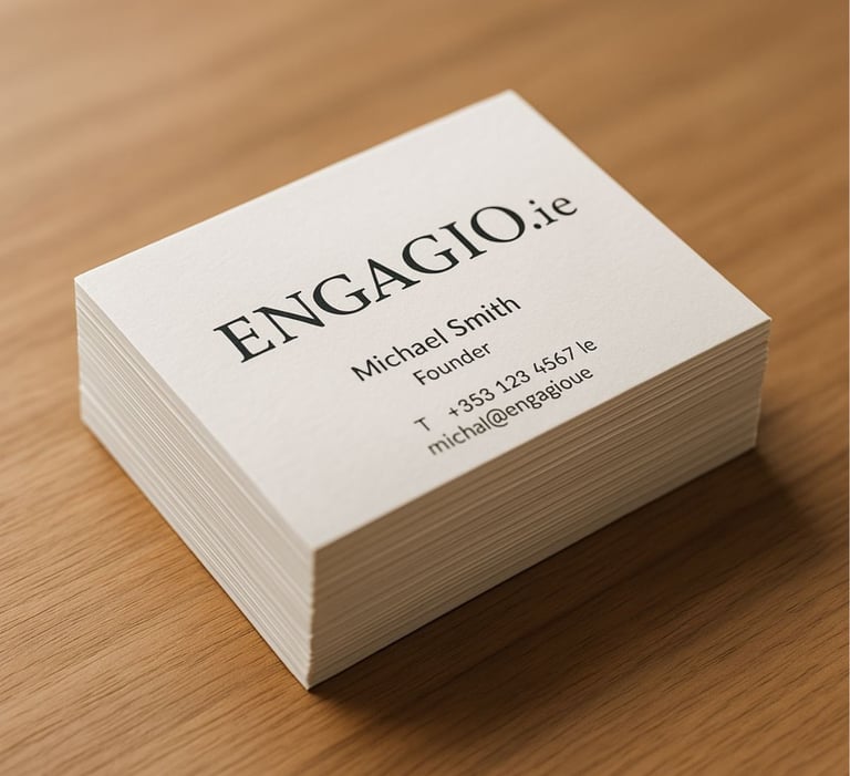 Stack of premium business cards with custom design and Engagio.ie branding placed on a modern wooden