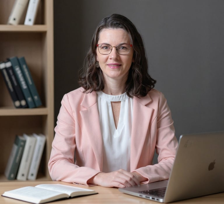 Michelli está em um escritório com caderno e notebook abertos em cima da mesa, há livros no ambiente