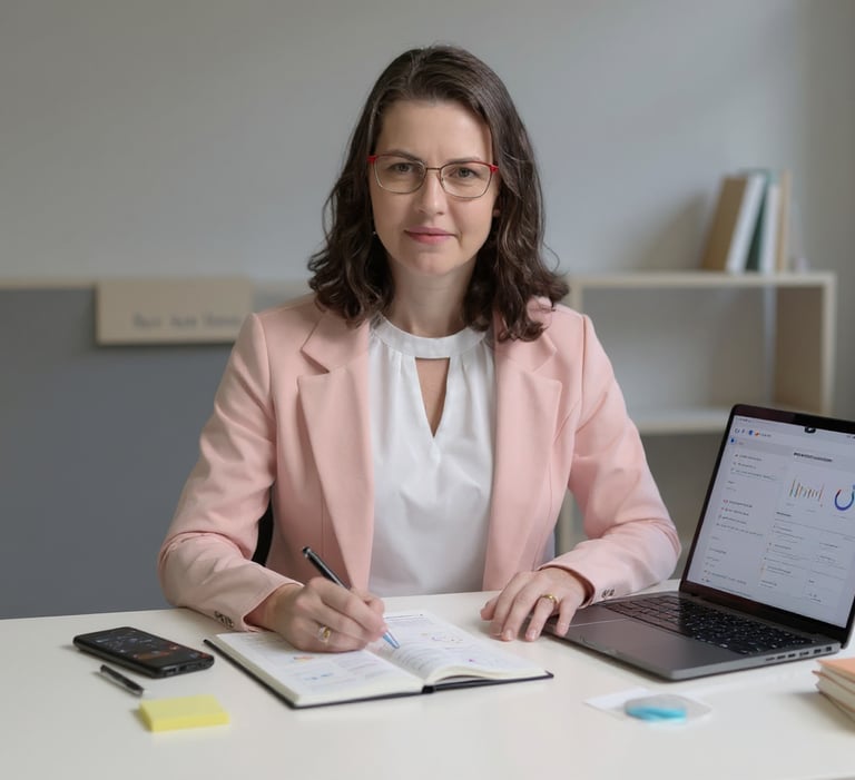 Michelli está usando um blazer e está em um escritório com um caderno fazendo anotações.
