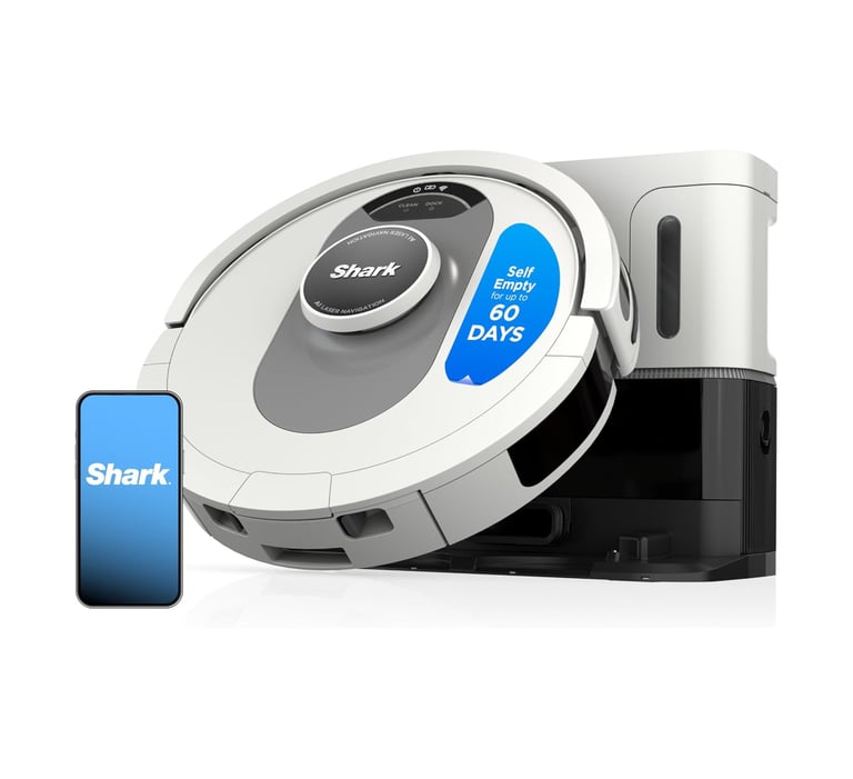 Smart robot vacuum with voice control and self-emptying base. Cleans carpets, hard floors, and pet h
