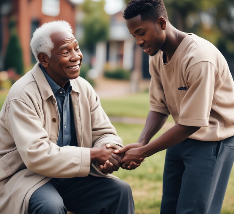 A warm, modern photo of a Black caregiver gently assisting a senior woman in her cozy living room.