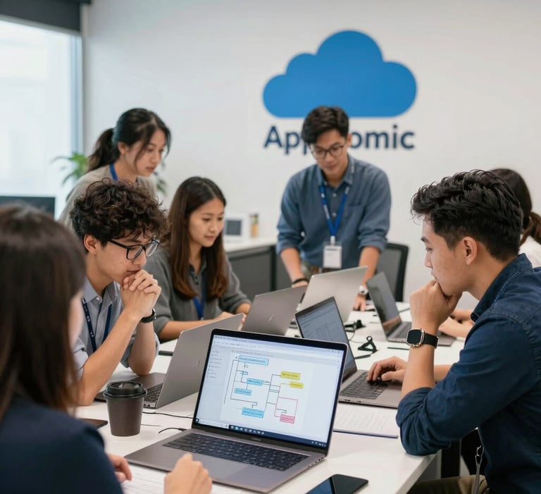 A vibrant office scene showing a team (Filipino collaborating over cloud service designs on laptops.